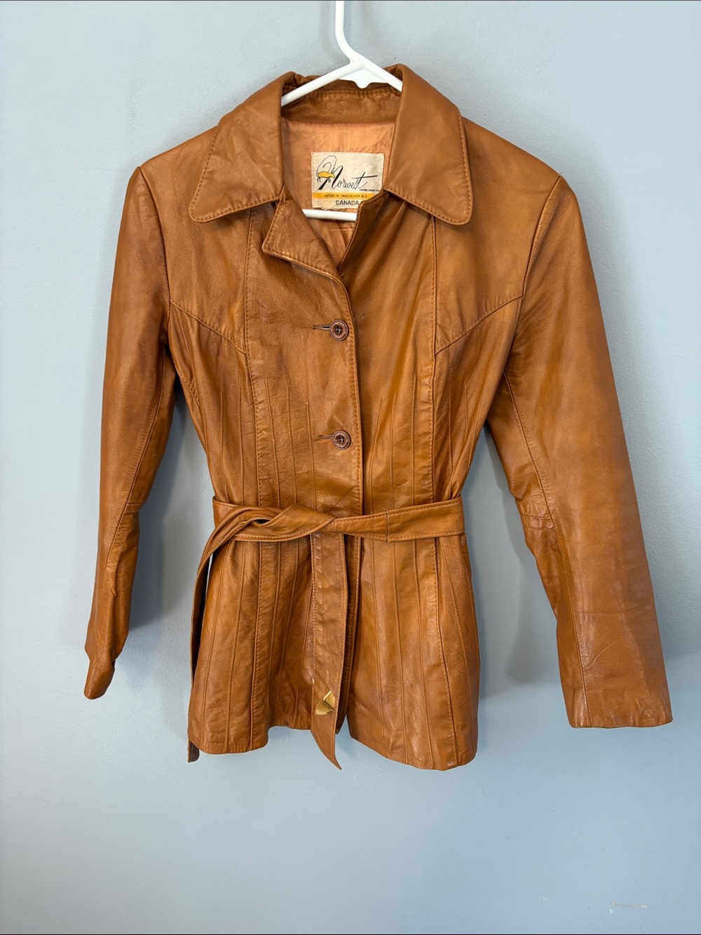 Vintage Women's Cognac Leather Belted Jacket by Norwest